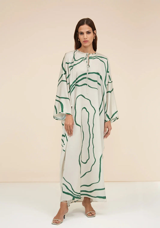 Green Colour Printed Organza Silk Party Wear Kaftan