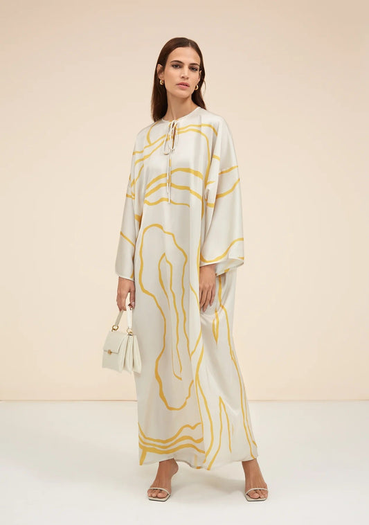 Yellow Colour Printed Organza Silk Party Wear Kaftan