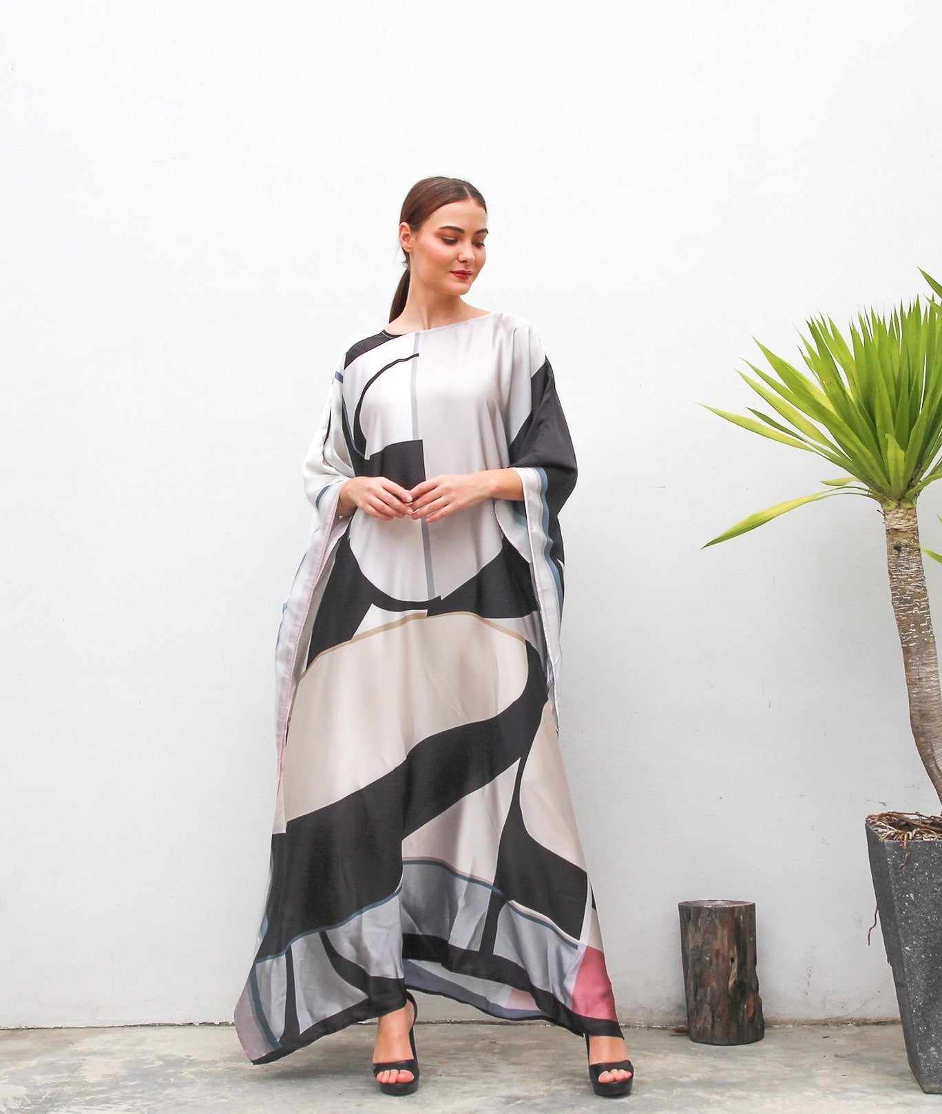 Black Colour Printed Satin Silk Party Wear Kaftan