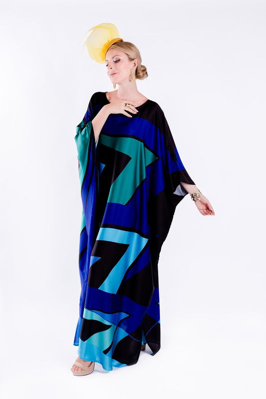 Blue Colour Printed Satin Silk Party Wear Kaftan