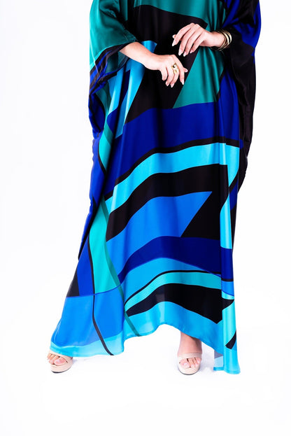 Blue Colour Printed Satin Silk Party Wear Kaftan