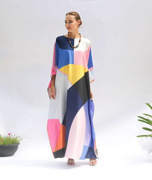 Multicolor Printed Satin Silk Party Wear Kaftan