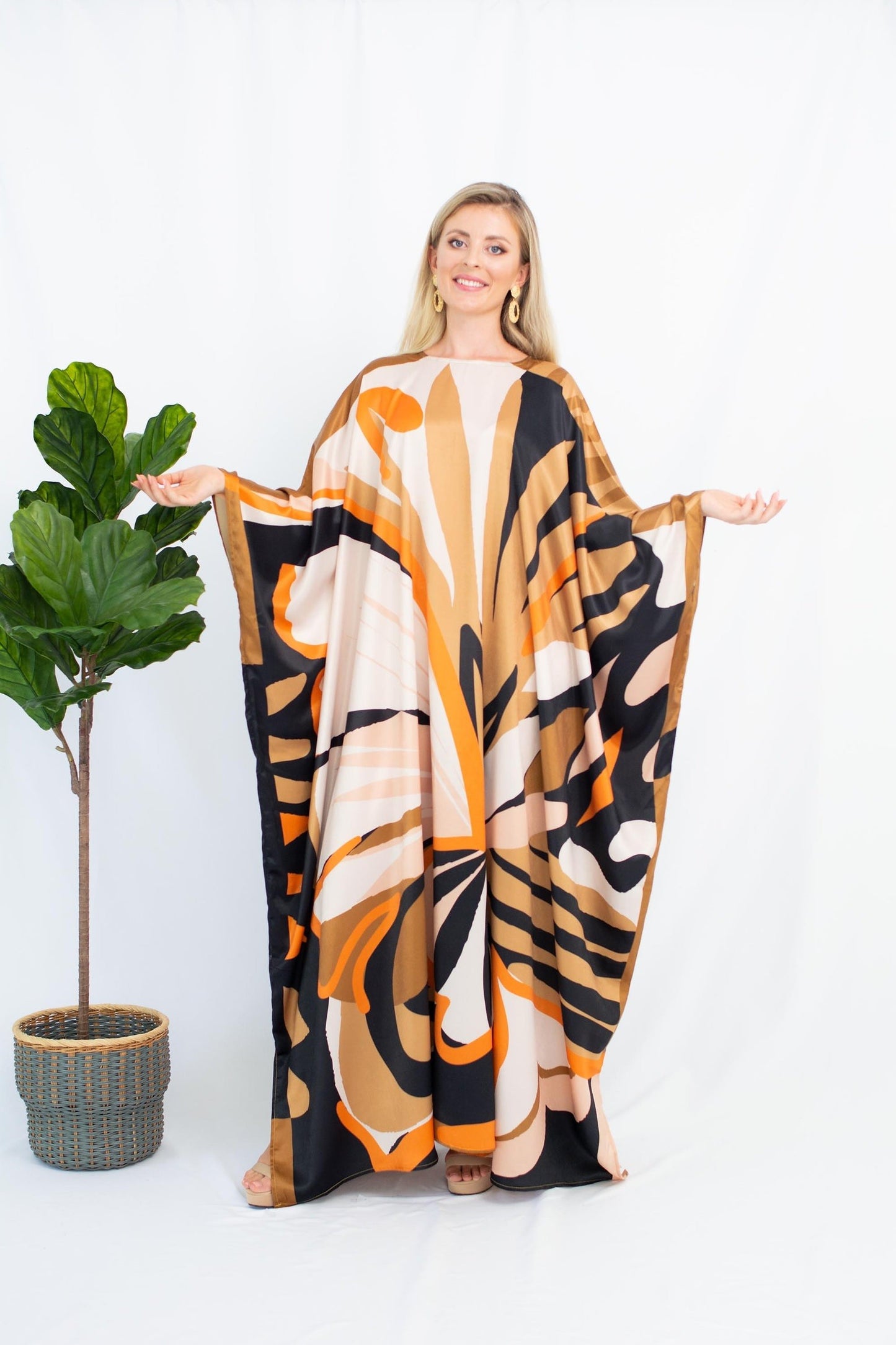 Cream Colour Printed Satin Silk Party Wear Kaftan