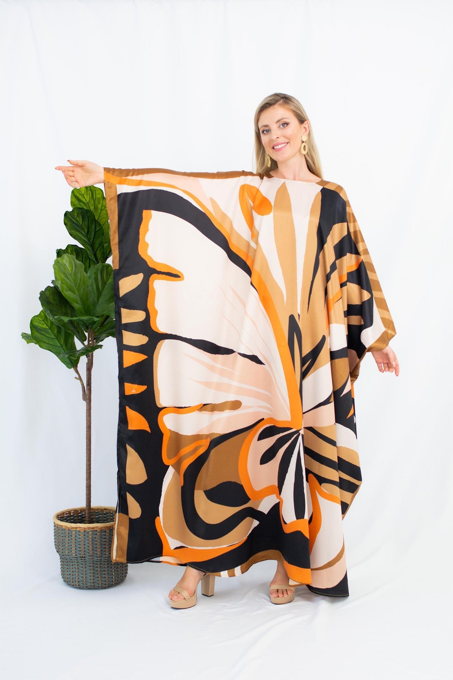 Cream Colour Printed Satin Silk Party Wear Kaftan