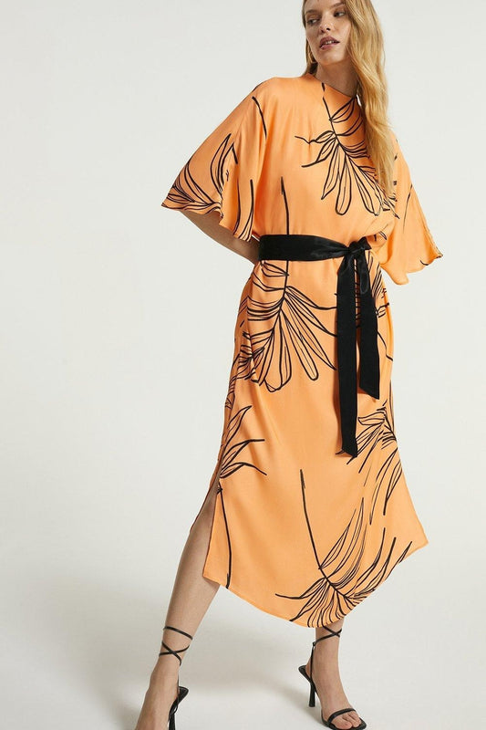 Orange Colour Women's Party Wear Printed Dress