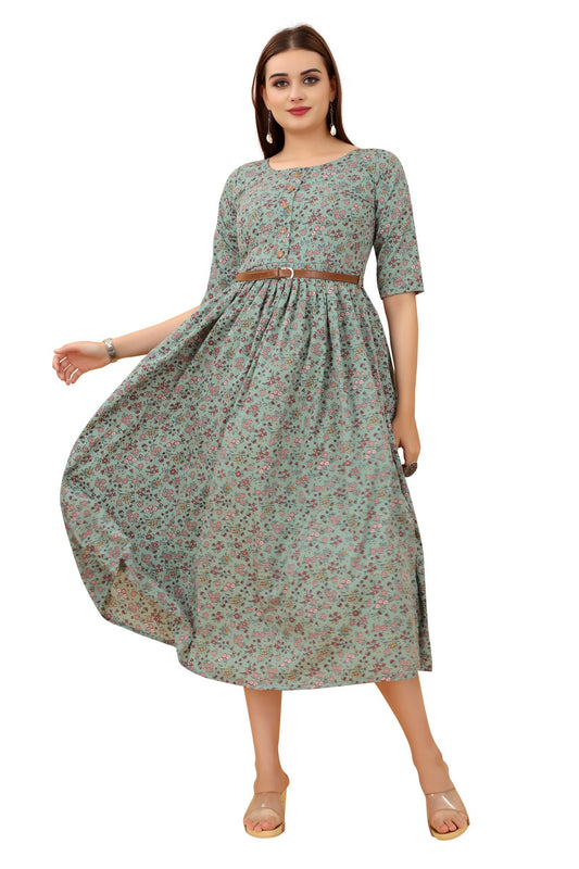 Women's Green Colour Crepe Printed Casual Wear Dress