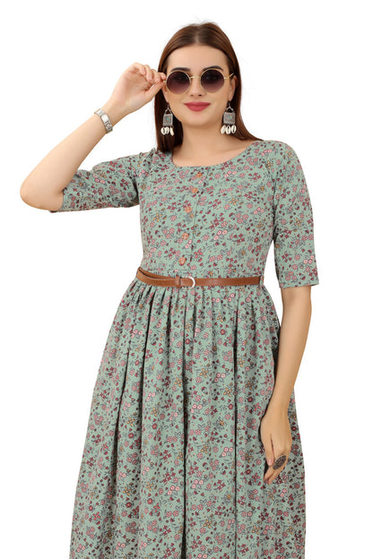 Women's Green Colour Crepe Printed Casual Wear Dress