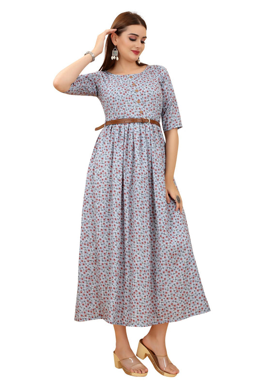 Women's Grey Colour Crepe Printed Casual Wear Dress