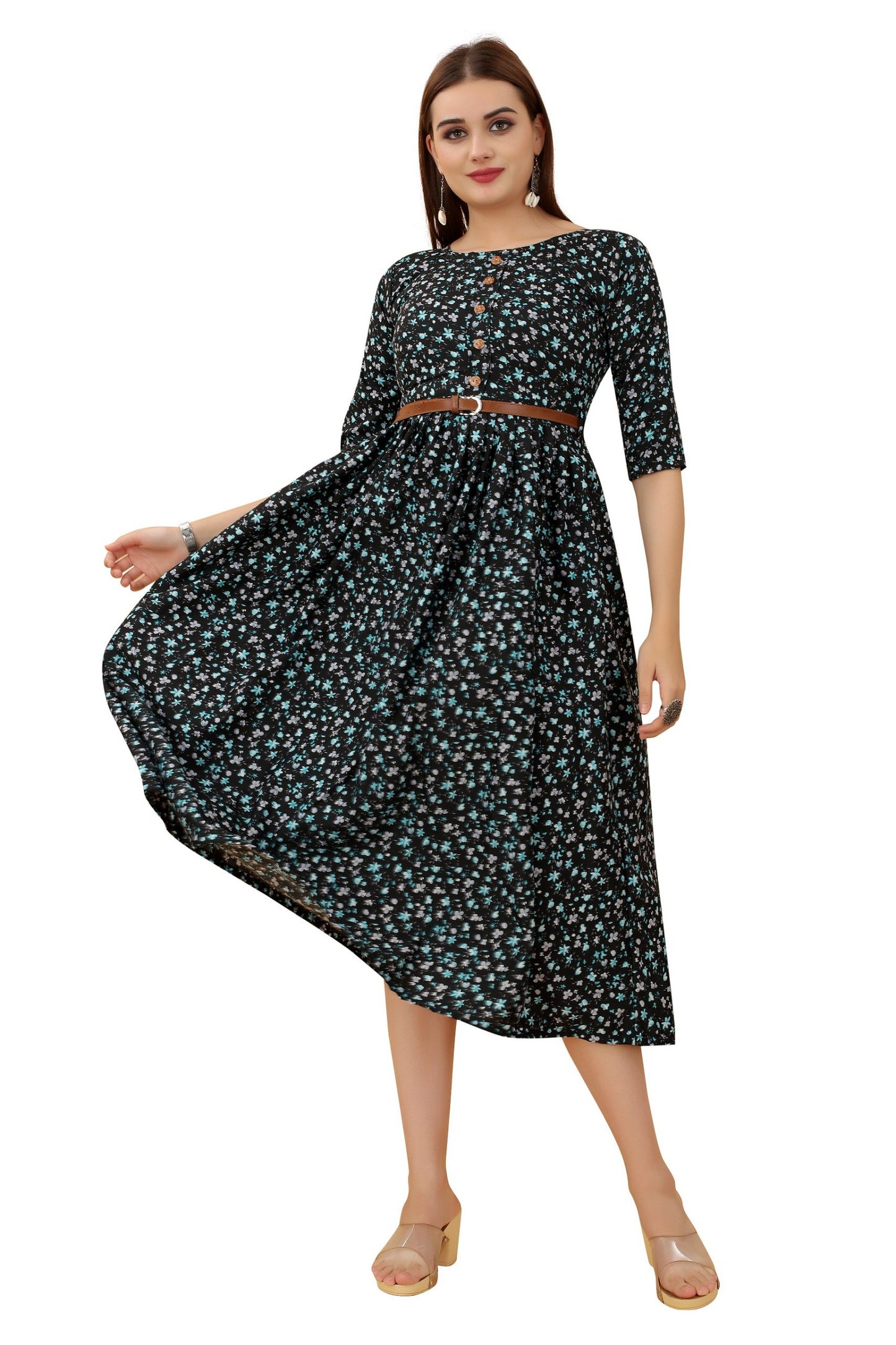 Women's Black Colour Crepe Printed Casual Wear Dress