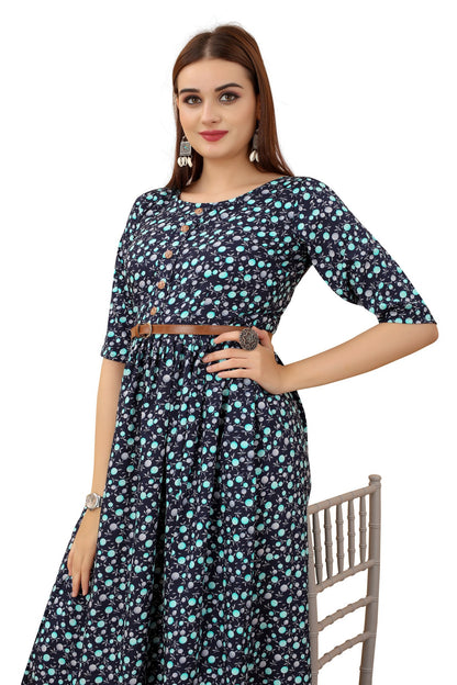 Women's Navy Blue Colour Crepe Printed Casual Wear Dress