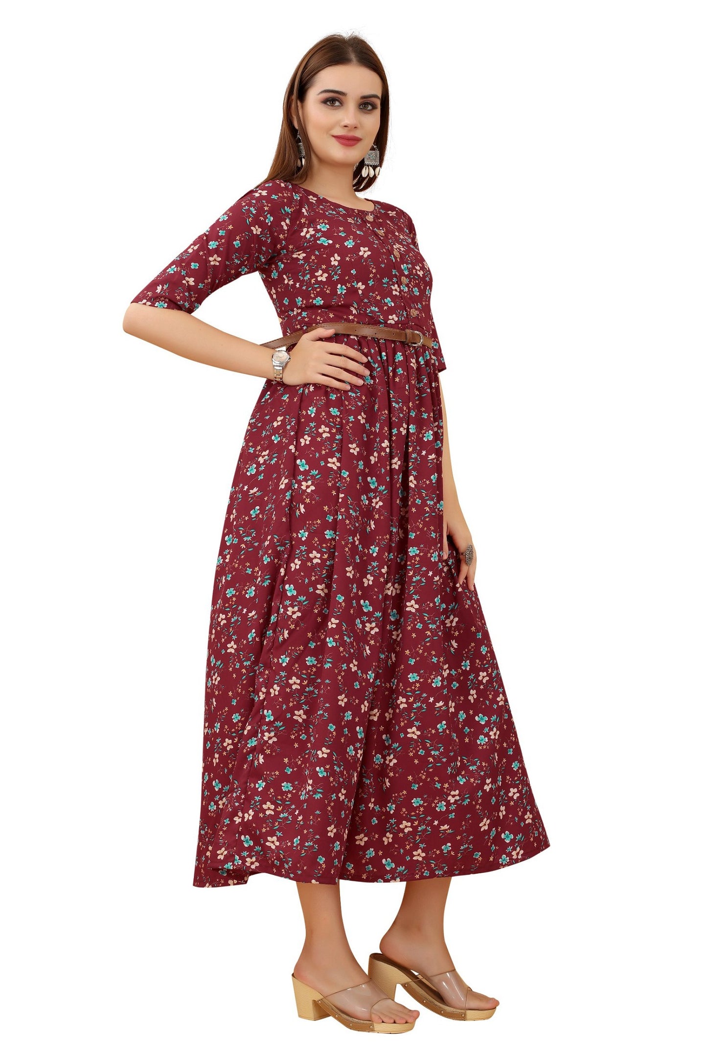 Women's Maroon Colour Crepe Printed Casual Wear Dress