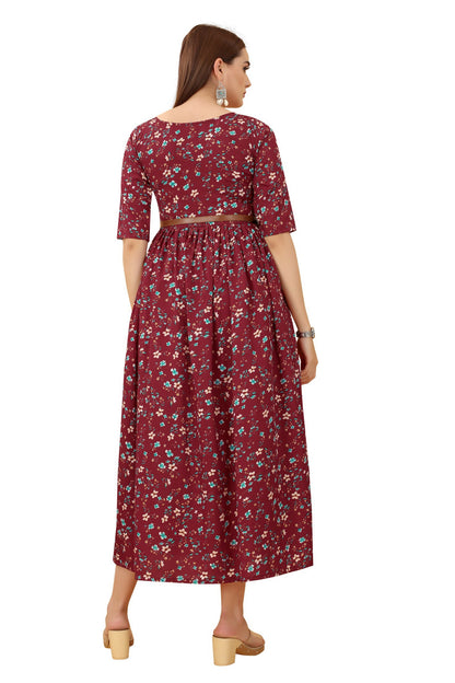 Women's Maroon Colour Crepe Printed Casual Wear Dress