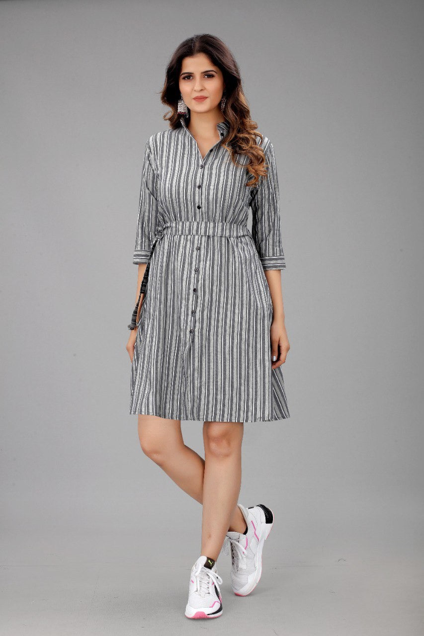 Grey Colour Cotton Printed Casual Wear Dress