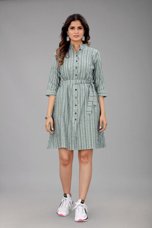 Green Colour Cotton Printed Casual Wear Dress