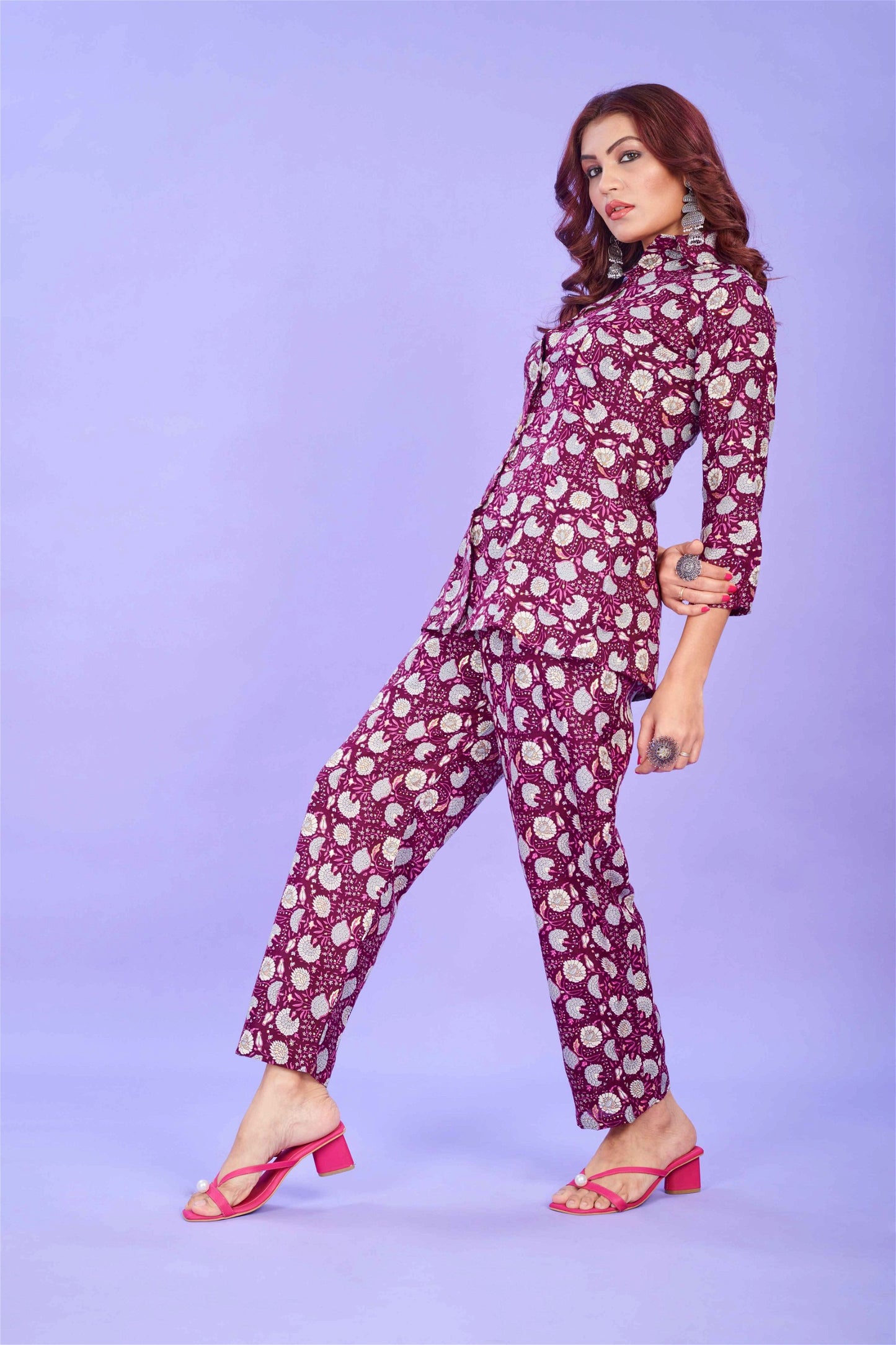 Wine Colour Cotton Printed Party Wear Co-ords Set