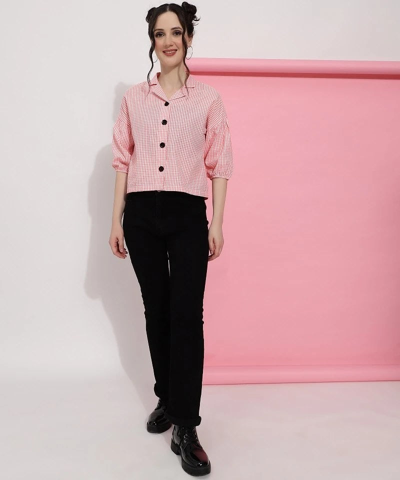 Pink Colour Casual Wear Check Printed Shirt For Women