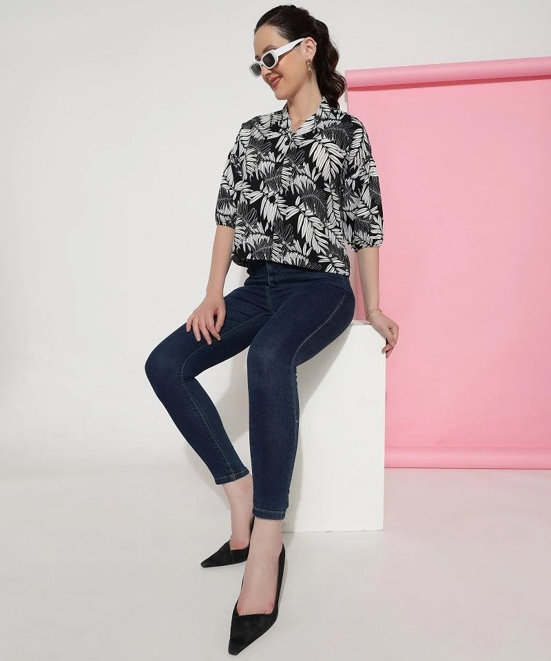 Black Colour Casual Wear Crepe Printed Shirt For Women