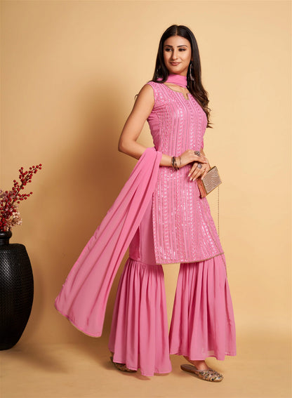 Pink Colour Georgette Embroidery With Sequence Work Latest Party Wear Readymade Salwar Suits