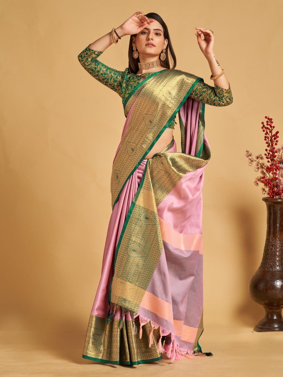 Baby Pink Colour Aura Silk Saree For Women's