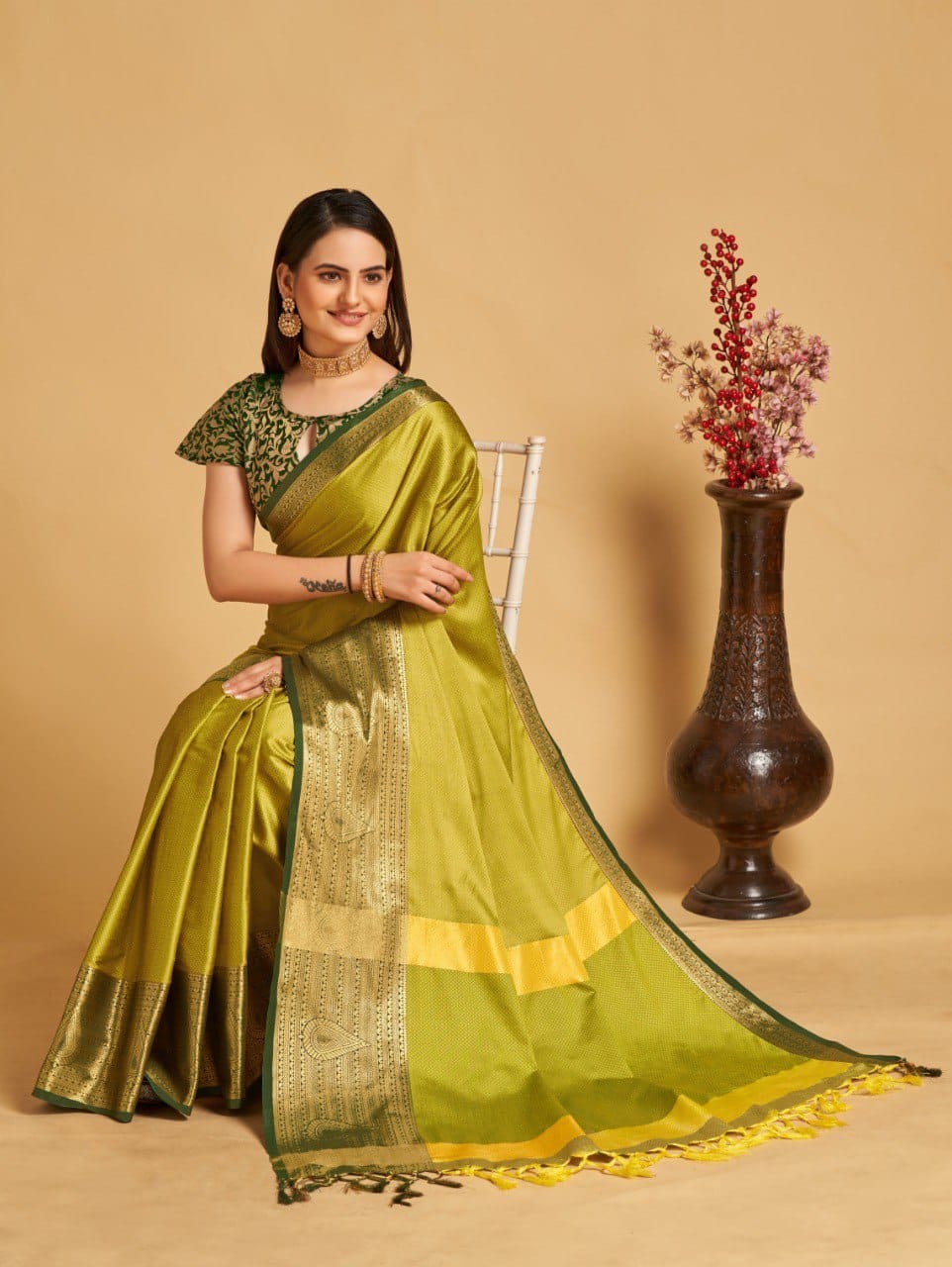 Lemon Green Colour Aura Silk Saree For Women's