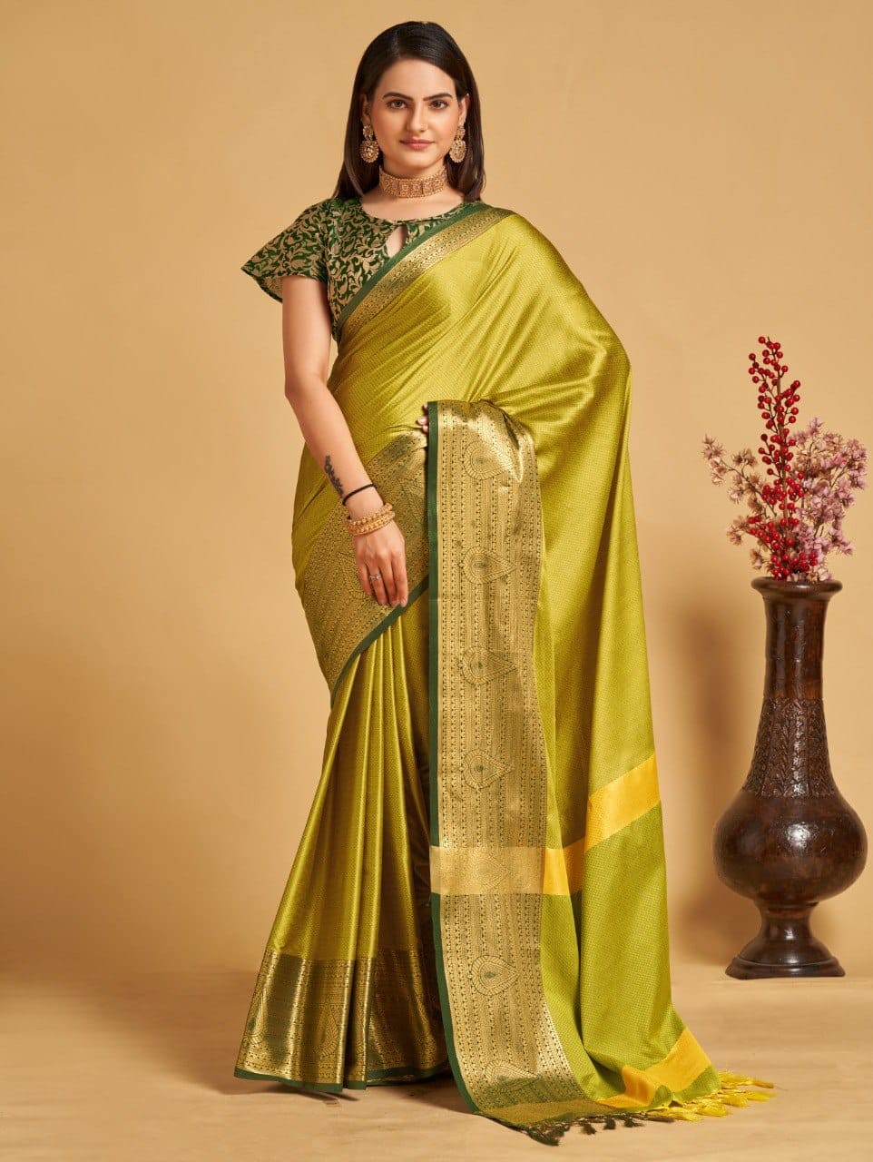 Lemon Green Colour Aura Silk Saree For Women's