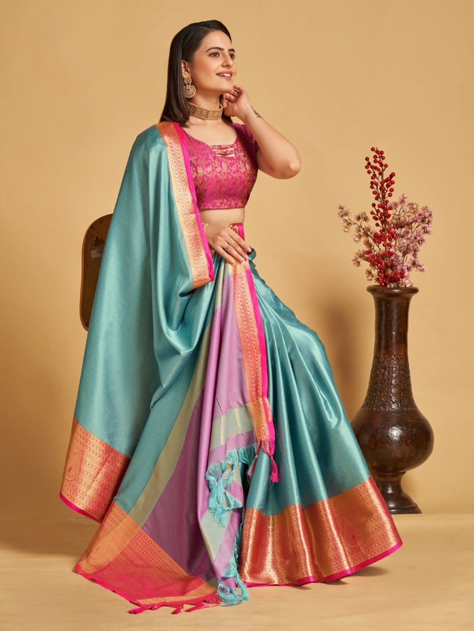 Aqua Blue Colour Aura Silk Saree For Women's