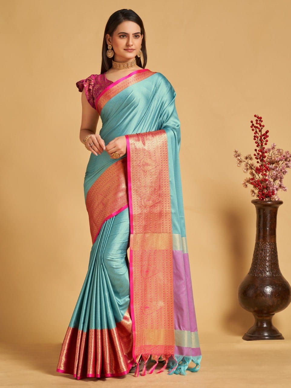 Aqua Blue Colour Aura Silk Saree For Women's