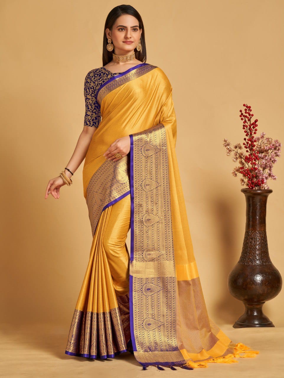 Yellow Colour Aura Silk Saree For Women's