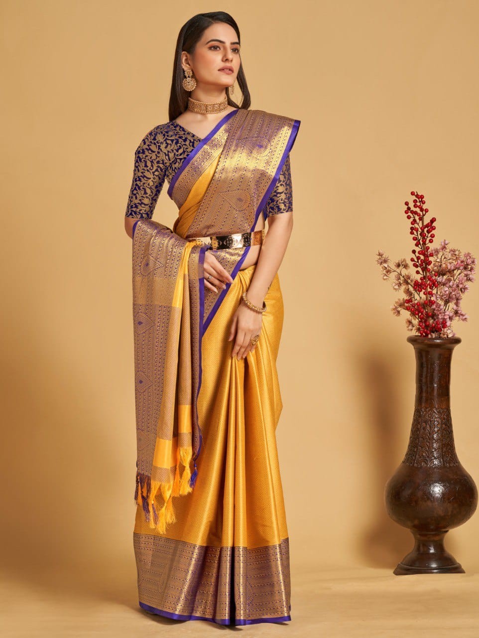 Yellow Colour Aura Silk Saree For Women's