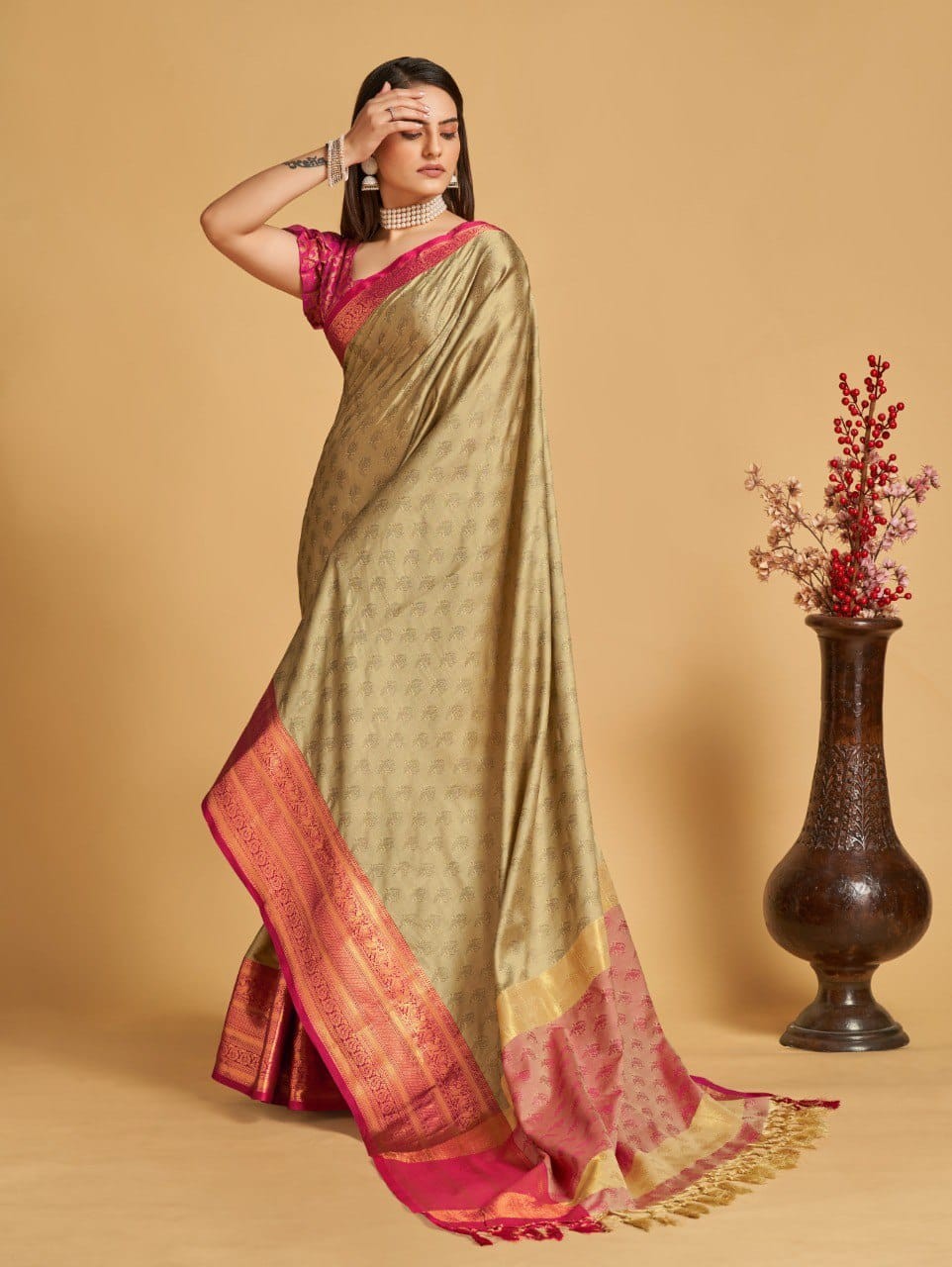 Chiku Colour Litchi Silk Saree For Women's