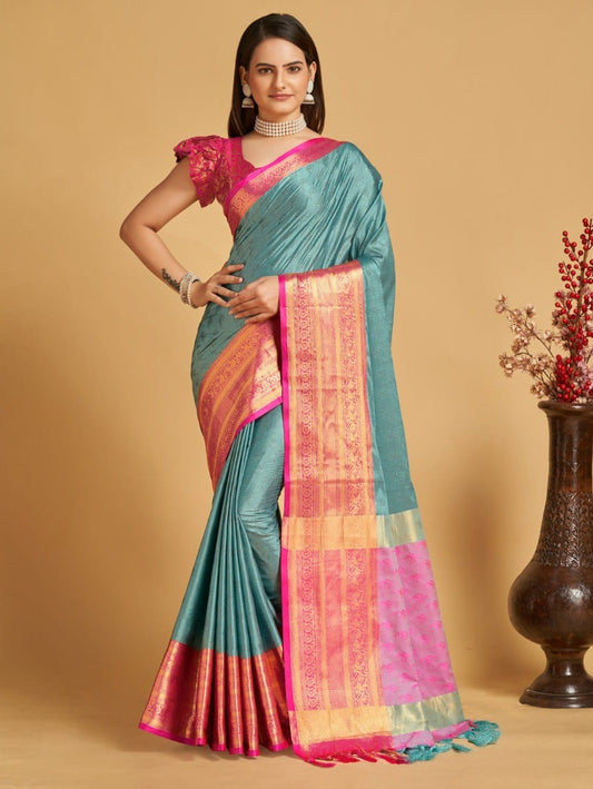 Aqua Blue Colour Litchi Silk Saree For Women's