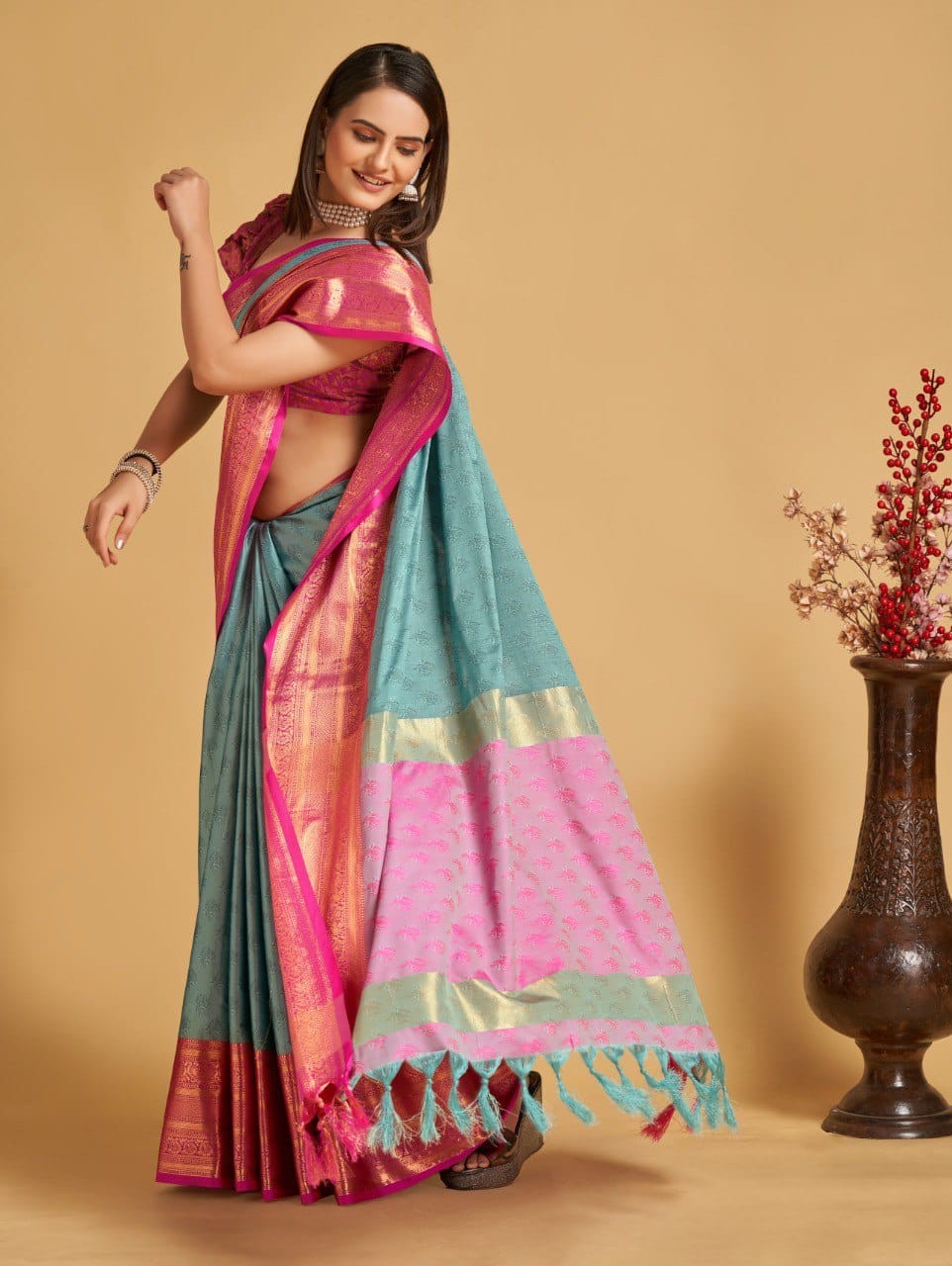 Aqua Blue Colour Litchi Silk Saree For Women's