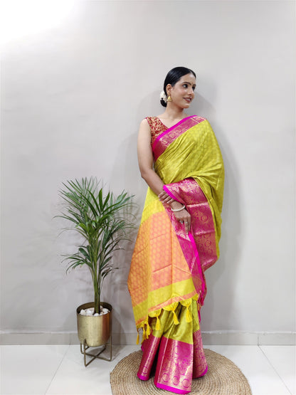 Parrot Green Colour Cotton Silk Saree For Women's