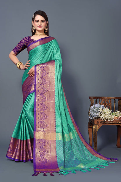 Aqua Blue Colour Cotton Silk Saree For Women's