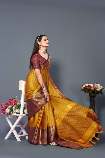 Mustard Brown Colour Cotton Silk Saree For Women's