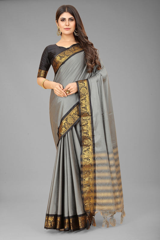 Grey Colour Cotton Silk Saree For Women's