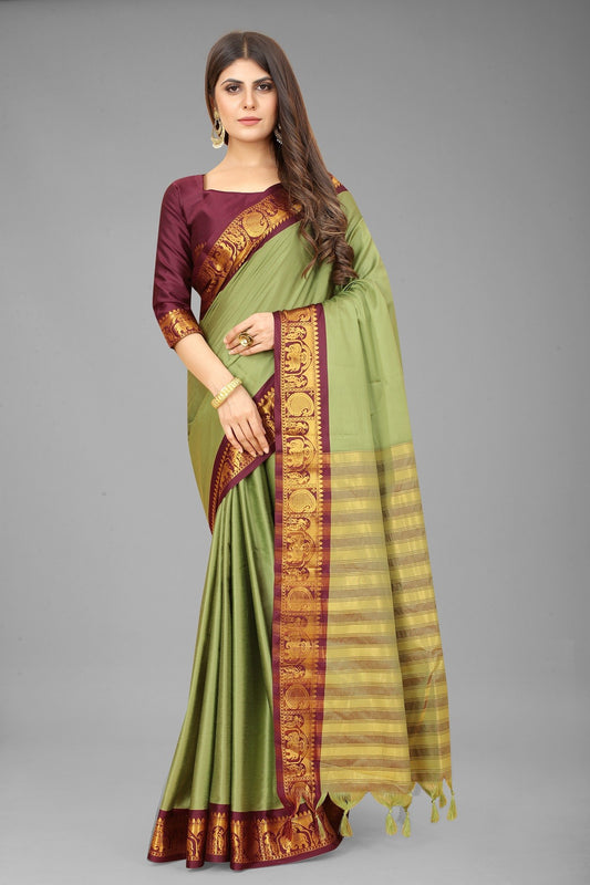 Pista Brown Colour Cotton Silk Saree For Women's