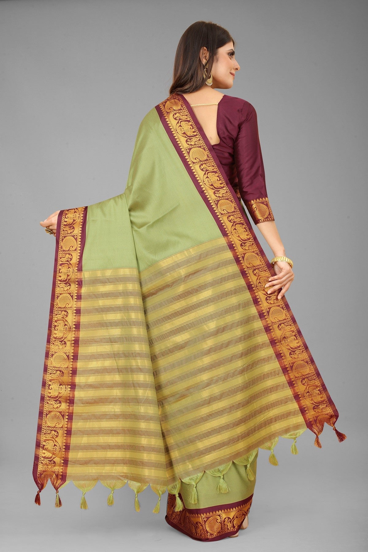 Pista Brown Colour Cotton Silk Saree For Women's