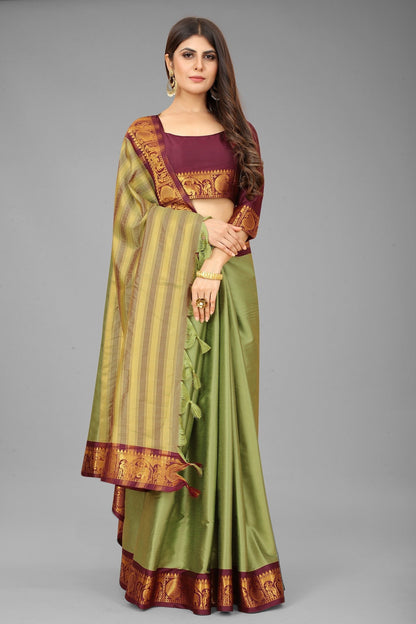 Pista Brown Colour Cotton Silk Saree For Women's