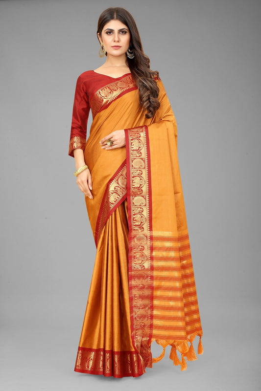 Yellow Red Colour Cotton Silk Saree For Women's