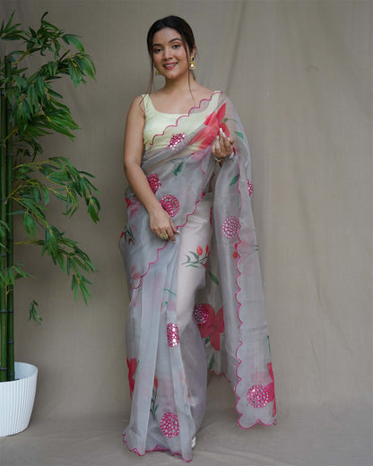 Grey Colour Organza Digital Print With Aari Work Saree For Women's