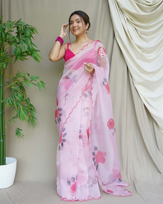 Pink Colour Organza Digital Print With Aari Work Saree For Women's