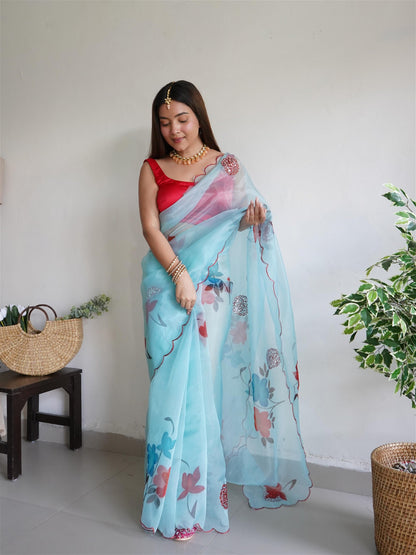 Sky Blue Colour Organza Digital Print With Aari Work Saree For Women's