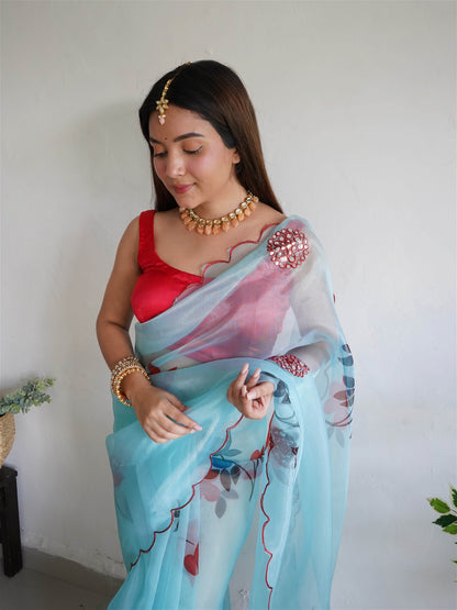 Sky Blue Colour Organza Digital Print With Aari Work Saree For Women's