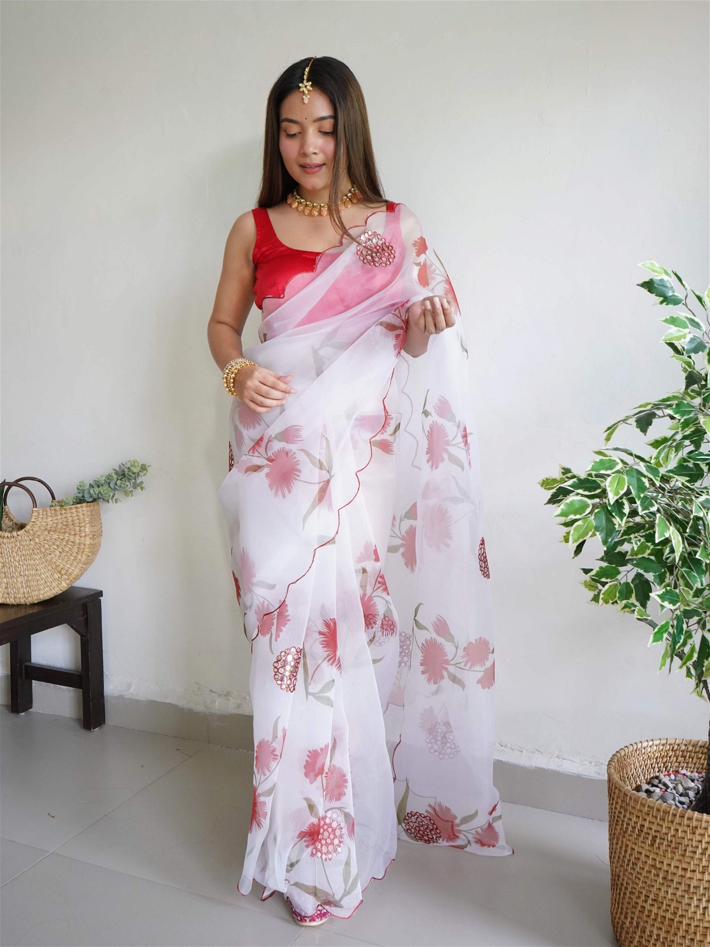 White Colour Organza Digital Print With Aari Work Saree For Women's