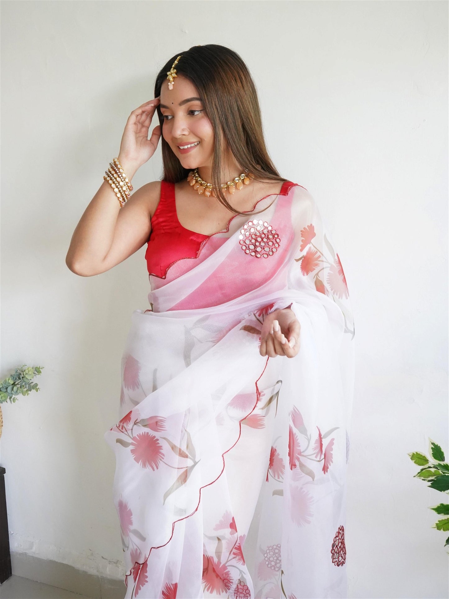 White Colour Organza Digital Print With Aari Work Saree For Women's