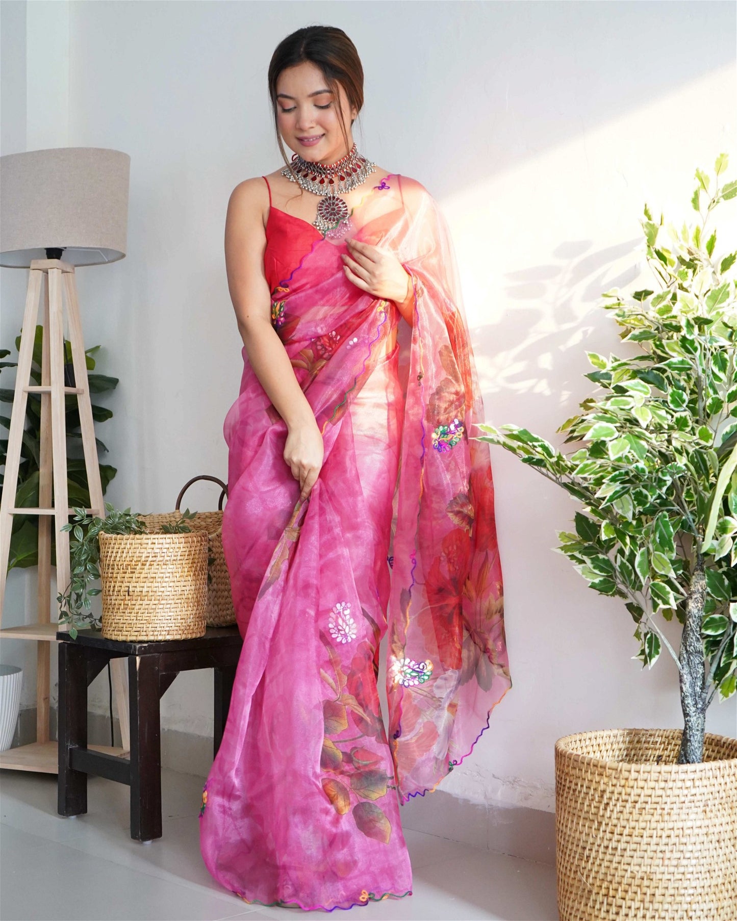 Dark Pink Colour Organza Digital Print With Gota Patti Work Saree For Women's