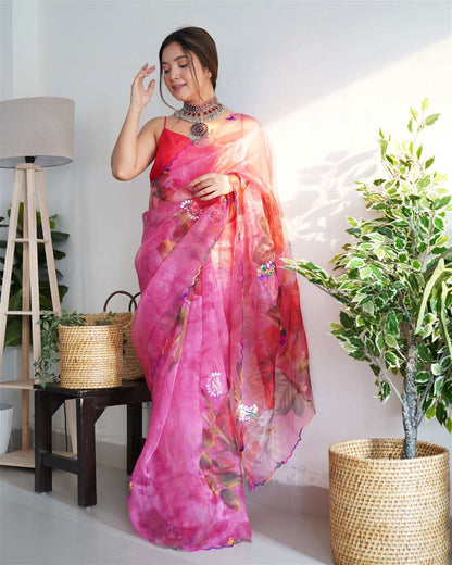 Dark Pink Colour Organza Digital Print With Gota Patti Work Saree For Women's