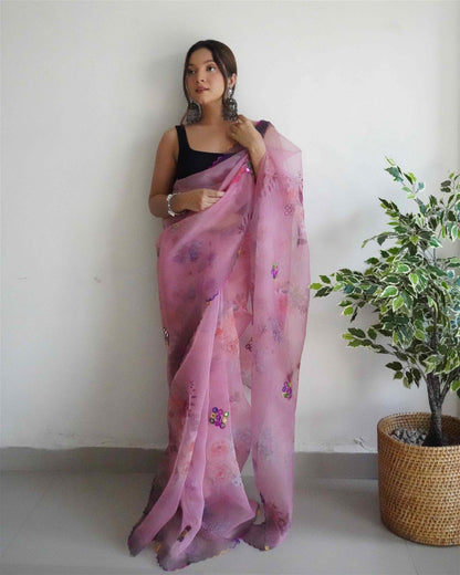 Light Pink Colour Organza Digital Print With Gota Patti Work Saree For Women's