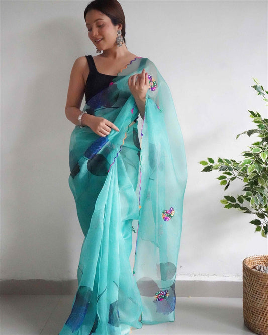 Sky Blue Colour Organza Digital Print With Gota Patti Work Saree For Women's